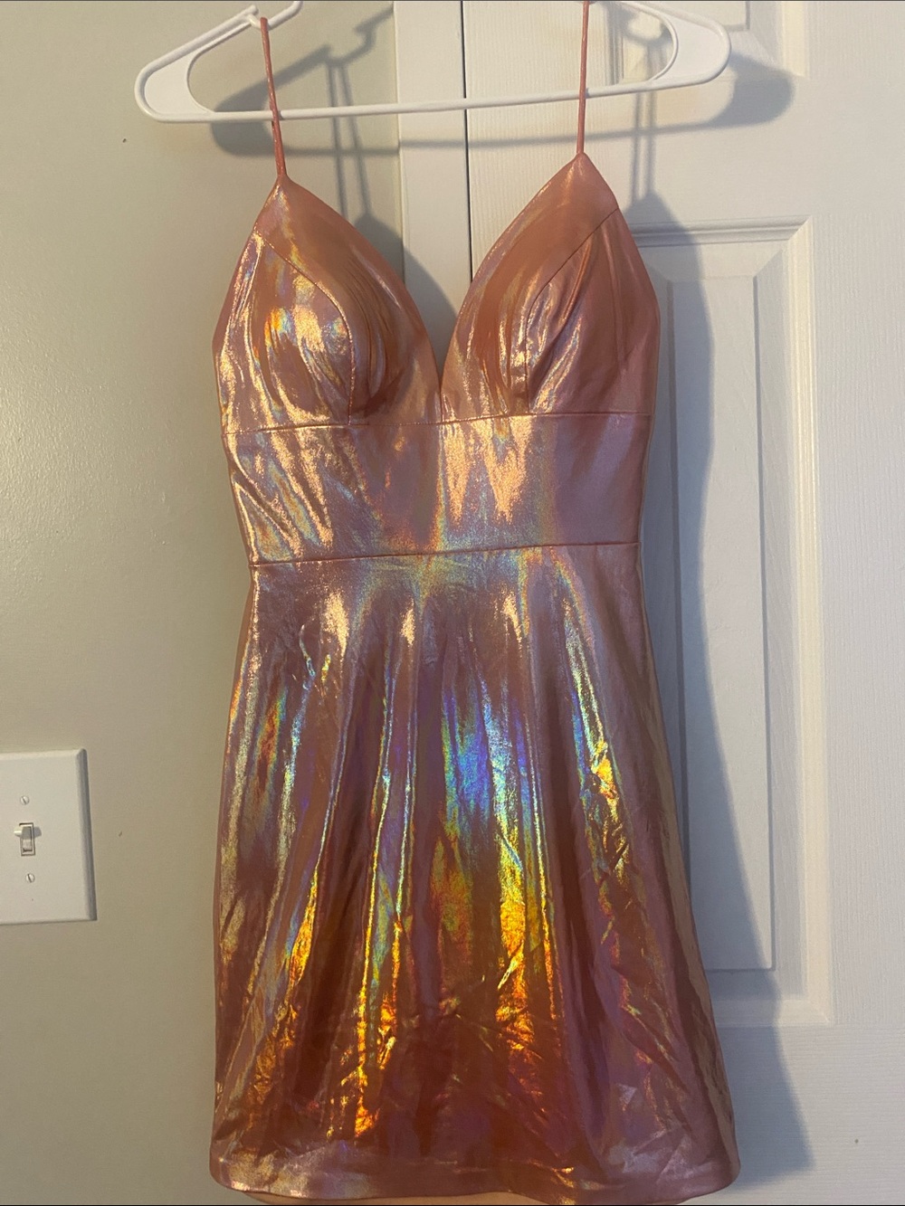 Iridescent Pink Spaghetti‑Strap Mini Dress